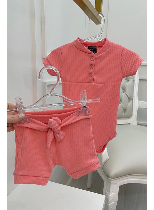conjunto rosa body shorts faixa botoes menina infantil bebe