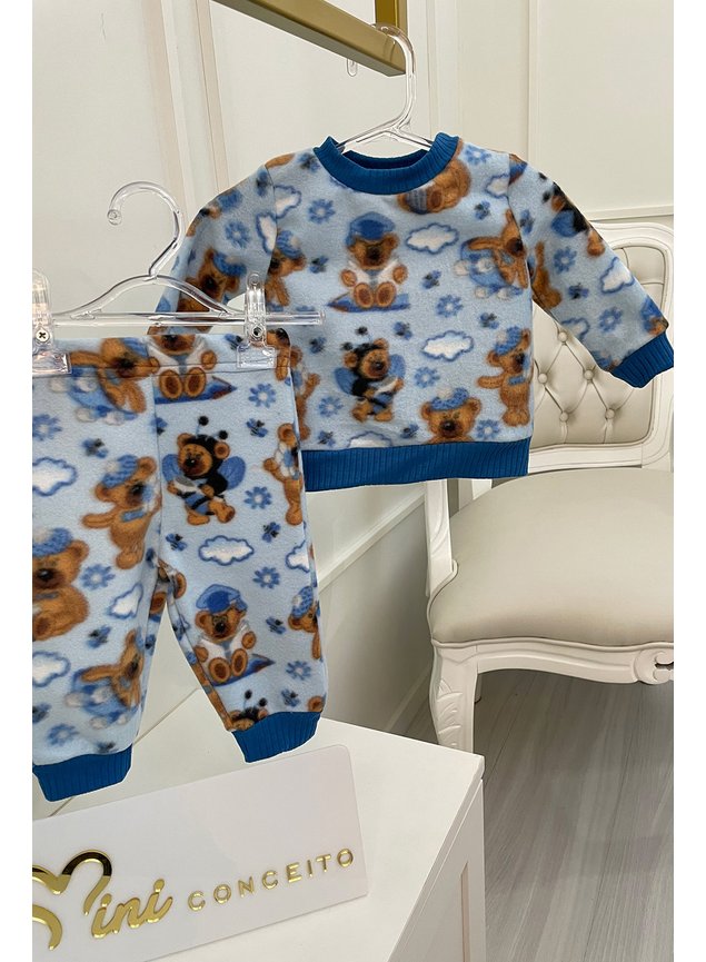 casaco pelo conjunto cala ursinho menina menino infantil azul a