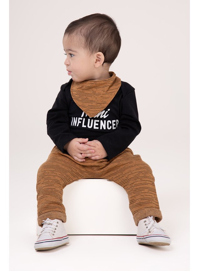 conjunto menino infantil preto marrom manga longa listrado influencer bebe