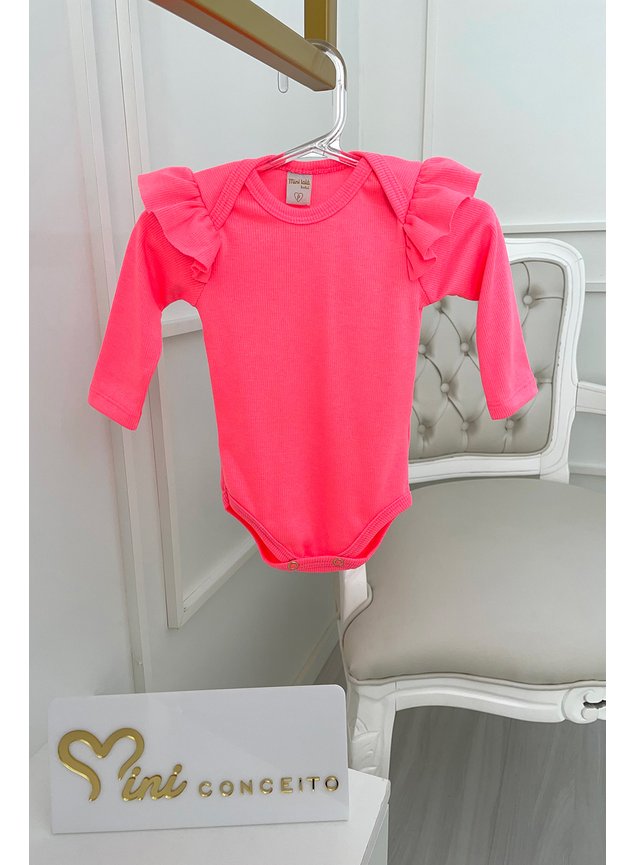 body rosa neon manga longa babado menina infantil miniconceito bebe