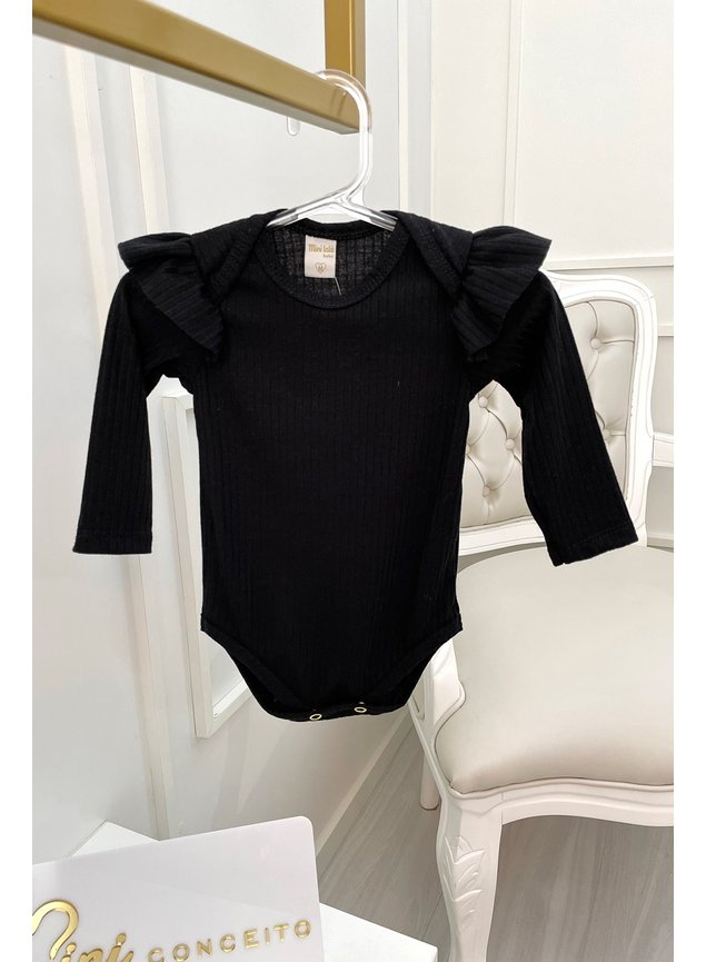 body preto manga longa bebe menina infantil miniconceito ribana canelada