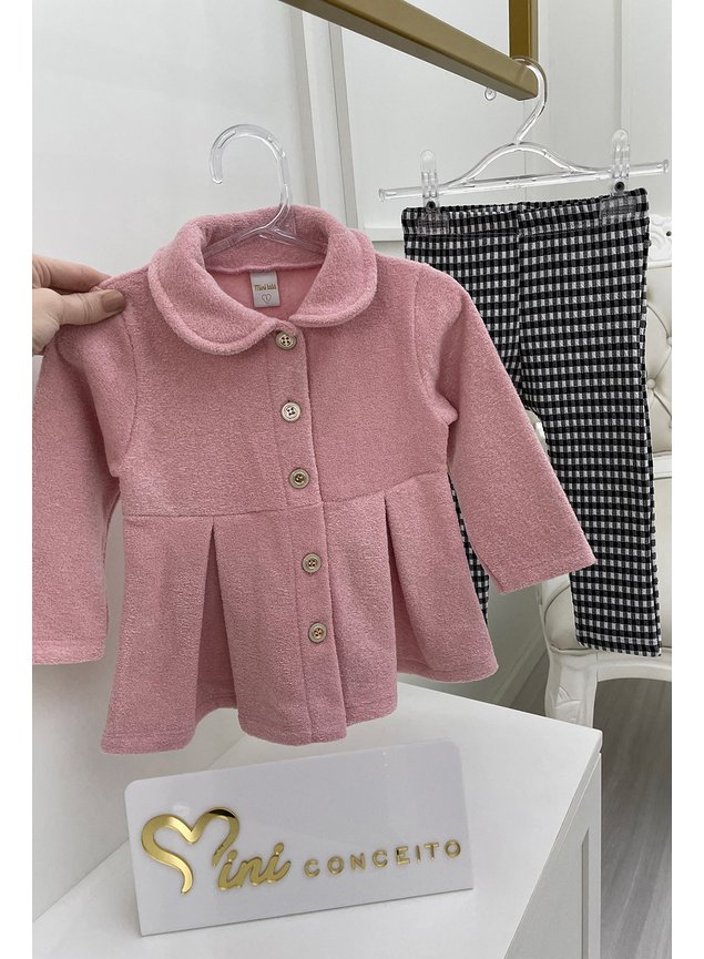 conjunto casaco e legging xadrez rosa preto e branco meninas infantil miniconceito