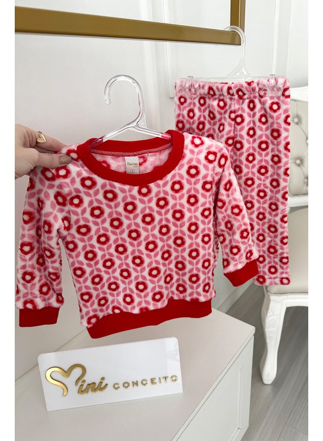 conjunto rosa vermelho menina flor peluciado miniconceito meninas