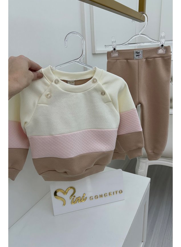 conjunto moletom bege rosa off menina infantil miniconceito