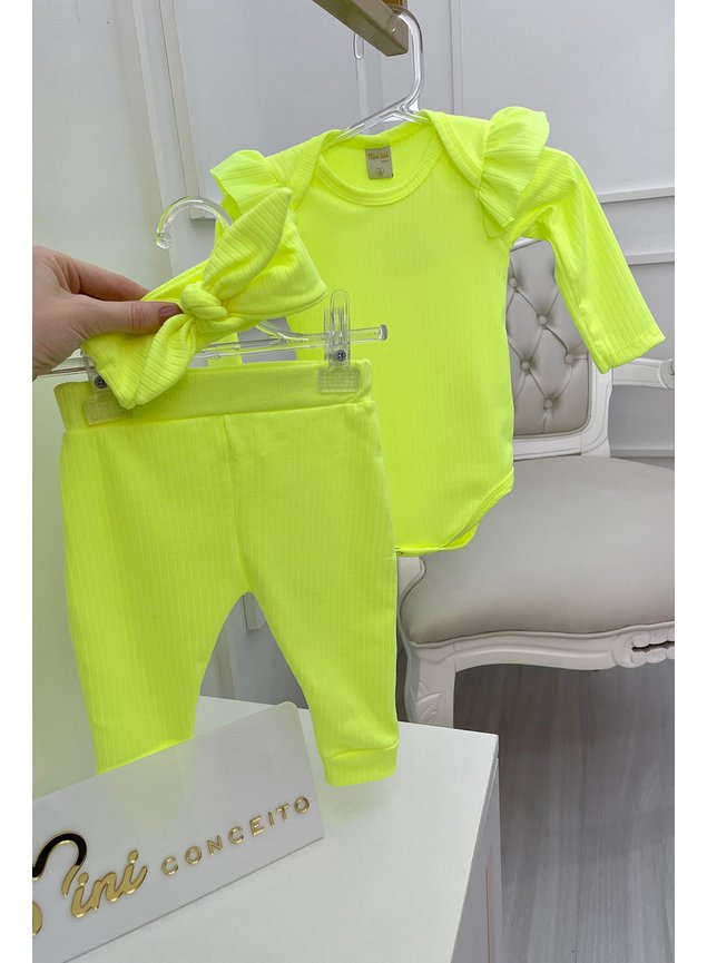 conjunto amarelo neon miniconceito meninas infantil  lao body bebe legging amarelo neon manga longa