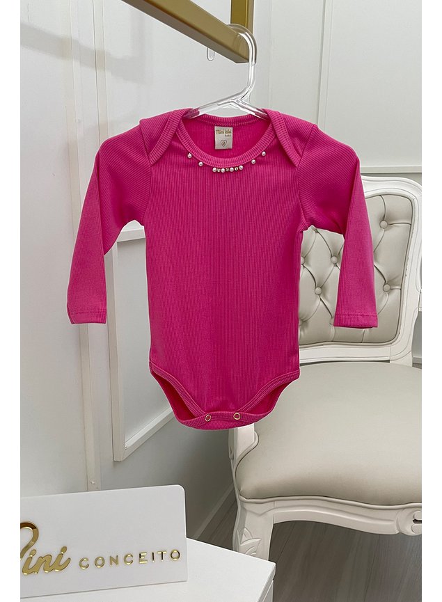 body pink perolas bordado manga longa bebe menina infantil miniconceito ribana canelada