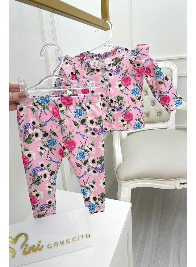 conjunto casaco legging florido rosa menina infantil miniconseito b