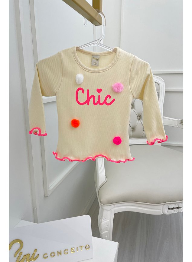 blusa manga longa off menina infantil pompom chic bebe miniconceito