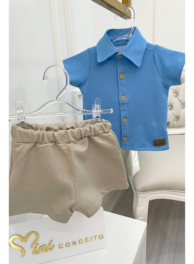camisa e bermuda azul bege menino infantil
