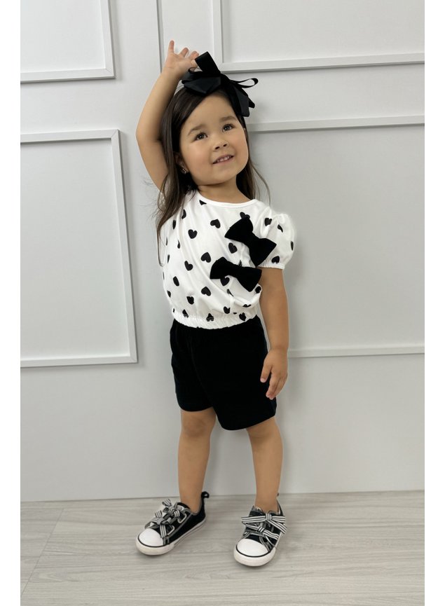 conjunto blusa shorts manina coracao preto branco laco r miniconceito