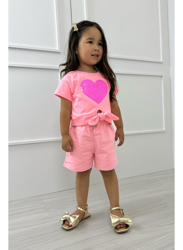 conjunto blusa e shorts laco rosa neon coracao paete menina infantil miniconceito g