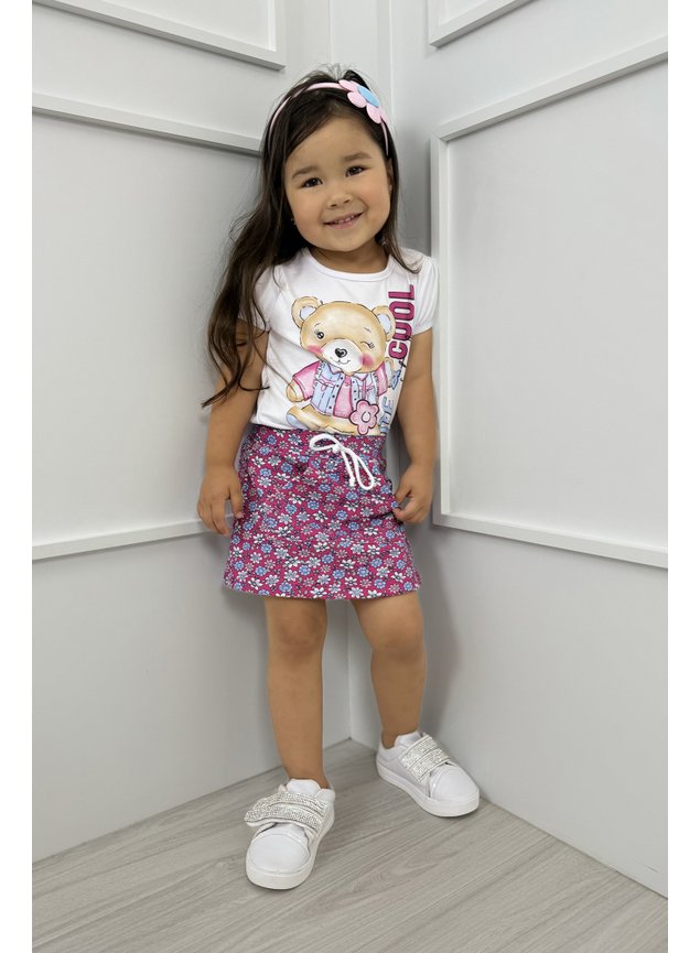 conjunto flores shorts saia blusa ursinho menina infantil rr