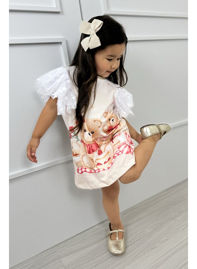 vestido natal miniconceito manga tule ursinhos vermelho bege menina infantil t