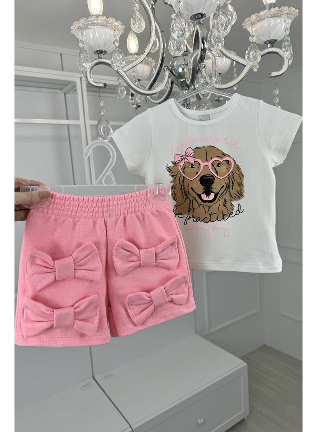 conjunto shorts lacos menina infantil blusa cachorrinha rosa neon miniconceito u