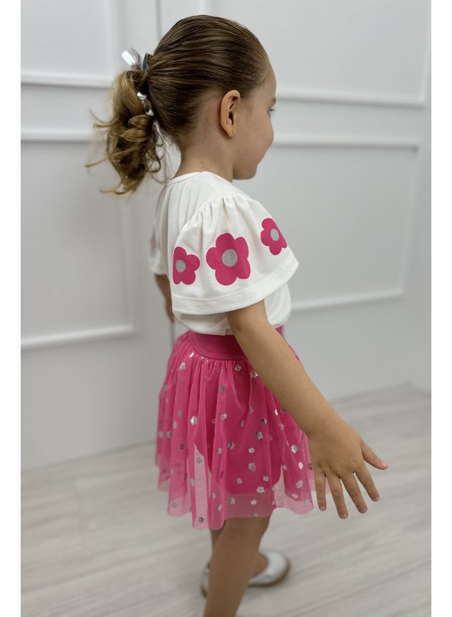 conjunto shorts saia tule pink flores prata menina infantil minicocneito g