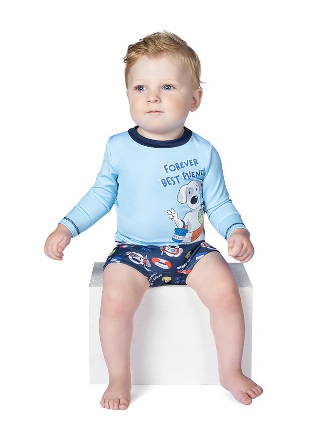 conjunto praia menino azul proteo cachorrinho