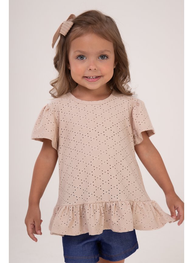 conjunto bege menina infantil miniconceito jeans blusa shorts t