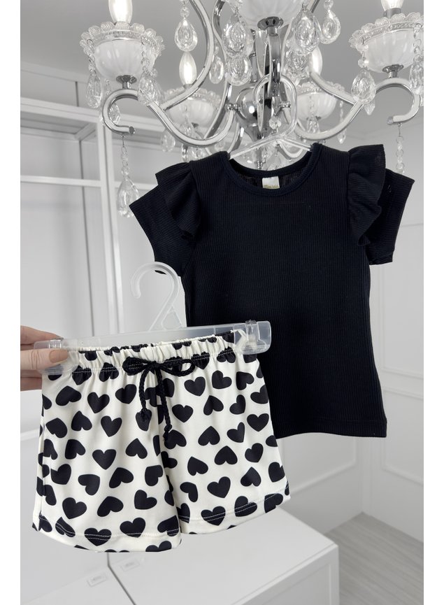 conjunto preto coracoes blusa e shorts menina infantil miniconceito a