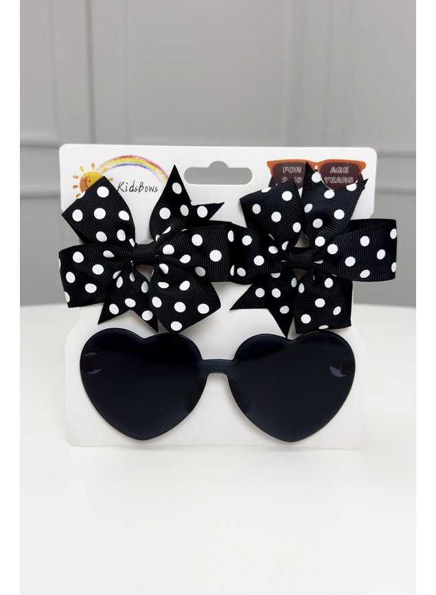 conjunto oculos presilha lacos menina infantil preto poas coracao