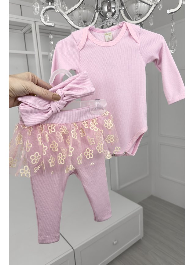 Conjunto Manga Longa Bebê pçs Rosa Canelado com Tule e Faixa