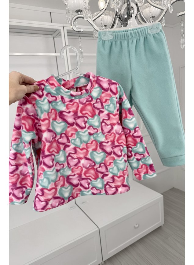 conjunto soft coracoes rosa verde menina infantil miniconceito inverno pp g