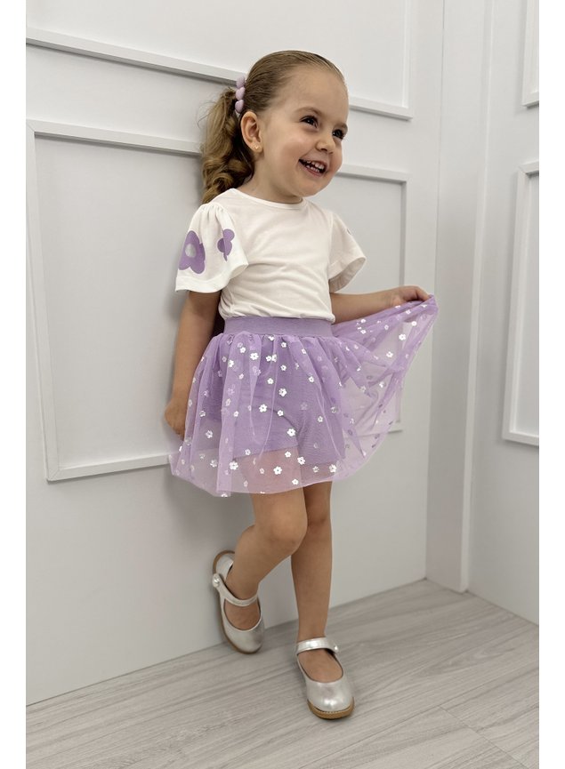 conjunto tule lilas flores blusa shorts saia menina infantil miniconceito p