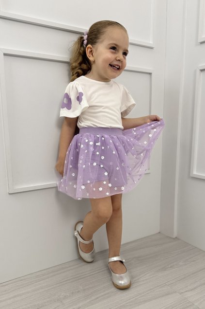 conjunto tule lilas flores blusa shorts saia menina infantil miniconceito p