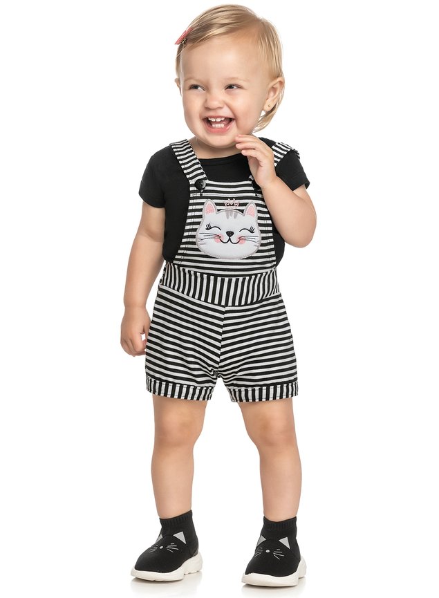 jardineira gato blusa preta menina infantil miniconceito
