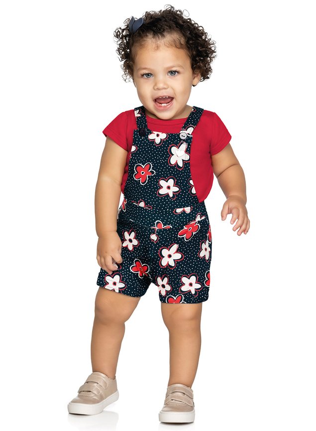 jardineira flores vermelho marinho menina infantil miniconceito g