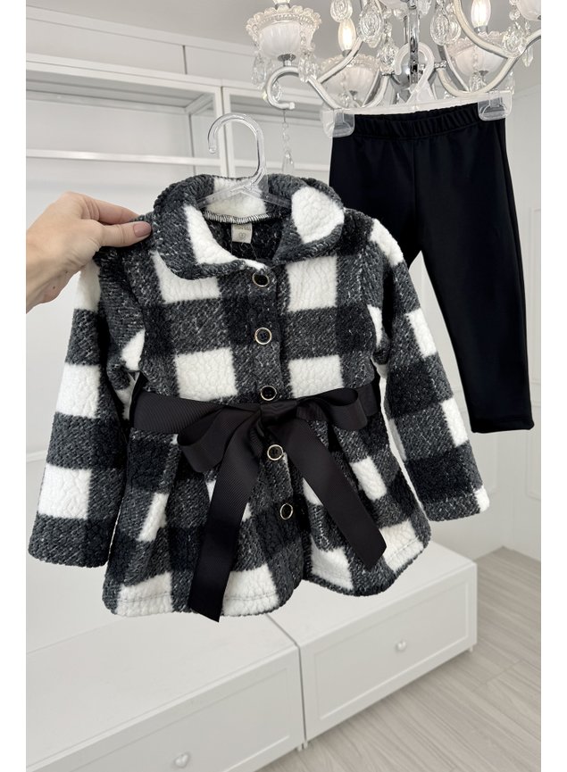conjunto casaco pelo xadrez menina infantil miniconceito calca casaco laco cetim preto branco h