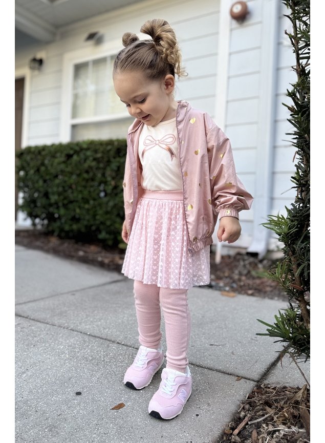 corta vento rose coracoes dourado menina infantil miniconceito conjunto blusa laco calca tule coracoes j