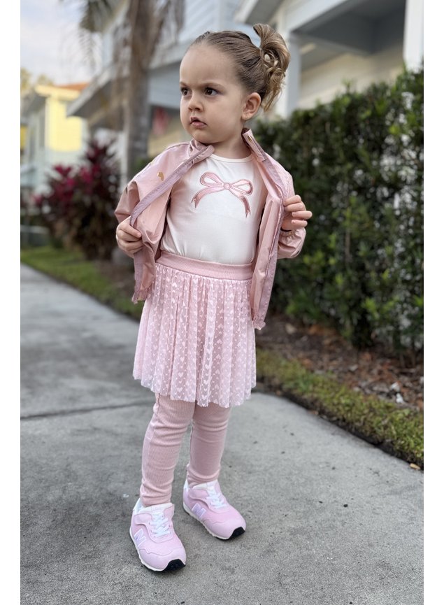 corta vento rose coracoes dourado menina infantil miniconceito conjunto blusa laco calca tule coracoes hm