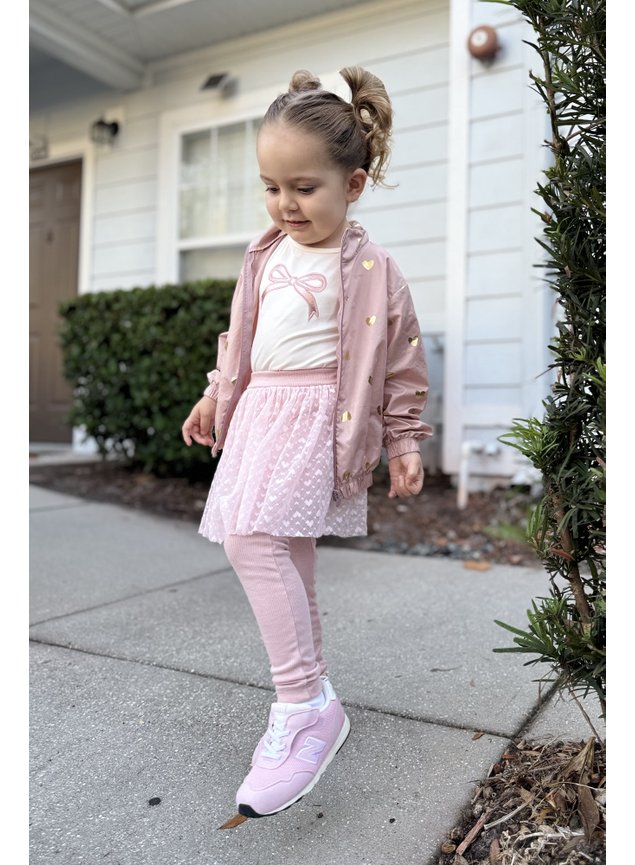 corta vento rose coracoes dourado menina infantil miniconceito conjunto blusa laco calca tule coracoes h