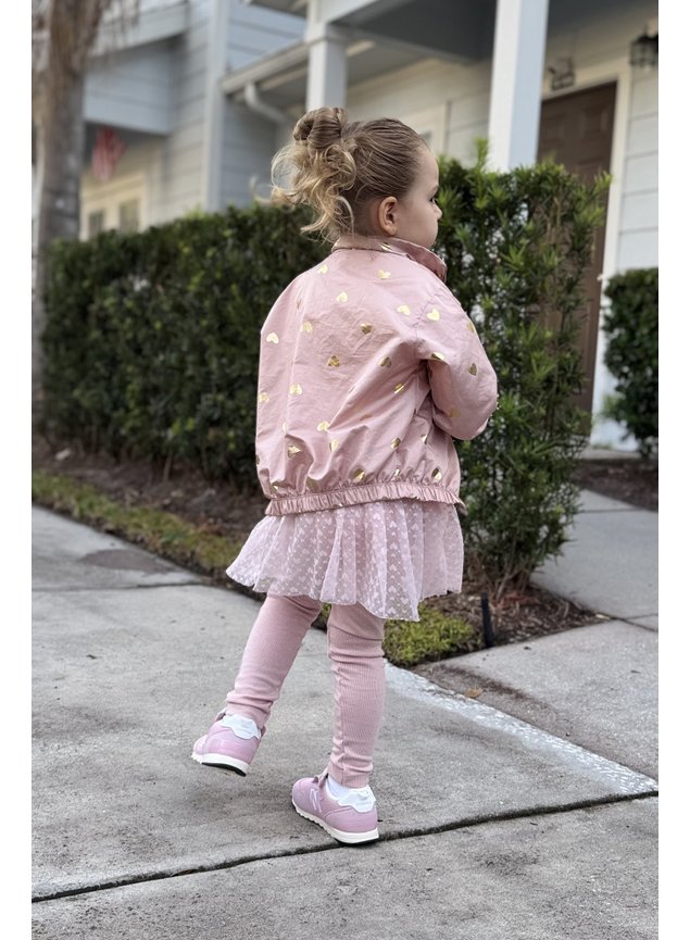 corta vento rose coracoes dourado menina infantil miniconceito conjunto blusa laco calca tule coracoes t