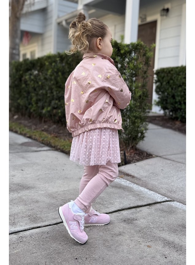 corta vento rose coracoes dourado menina infantil miniconceito conjunto blusa laco calca tule coracoes