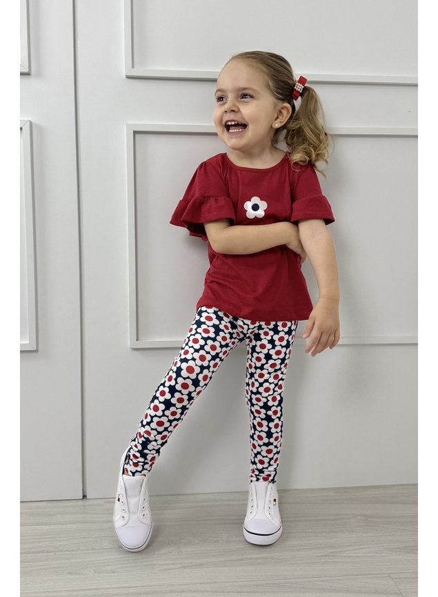 conjunto blusa vermelha calca legging flores marinho branco menina infantil miniconceito u