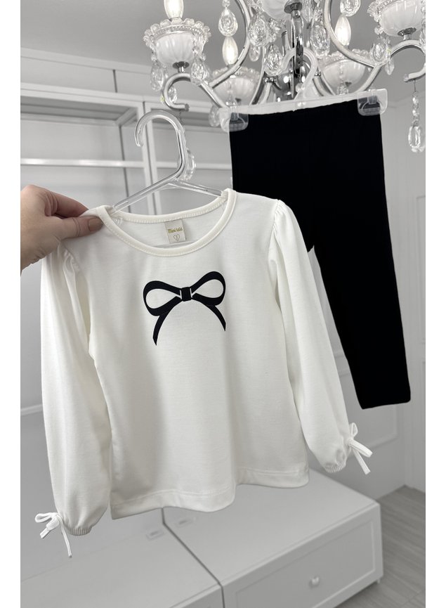 conjunto laco calca legging menina infanfil blusa manga longa miniconceito preto branco d