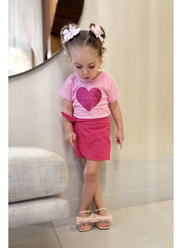 conjunto shorts saia blusa coracao paete rosa menina infantil miniconceito d