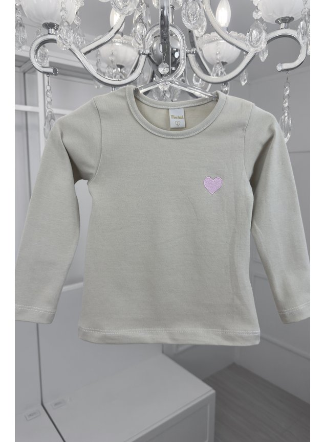 blusa manga longa menina infantil bege miniconceito coracao rosa manga longa dg