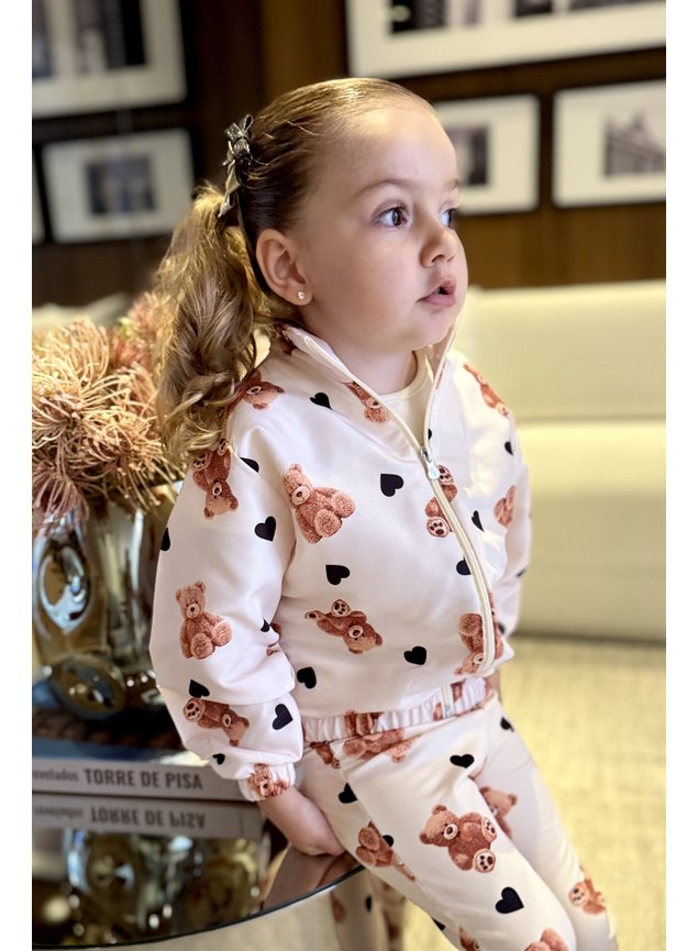 corta vento calca menina infantil ursinho miniconceito bege off coracoes p