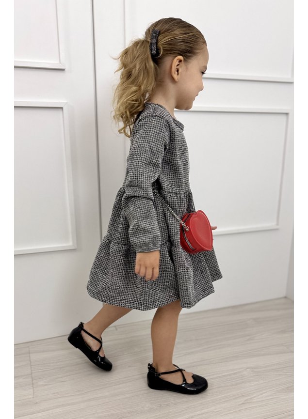vestido menina infantil miniconceito zadrez preto manga longa babado f
