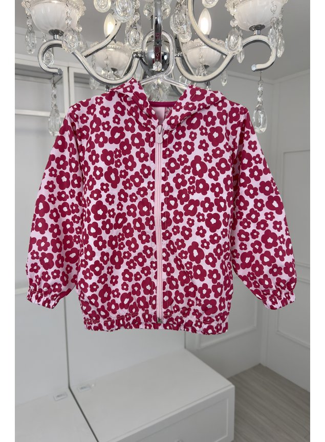 jaqueta corta vento florida rosa ziper manga longa capuz infantil menina d