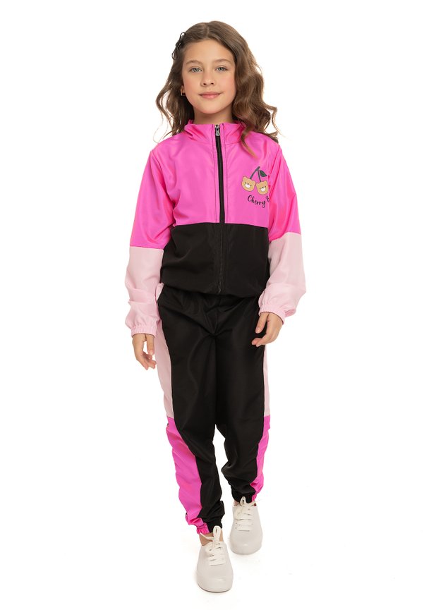 conjunto corta vento menina infantil miniconceito urso pink rosa pretp calca casaco