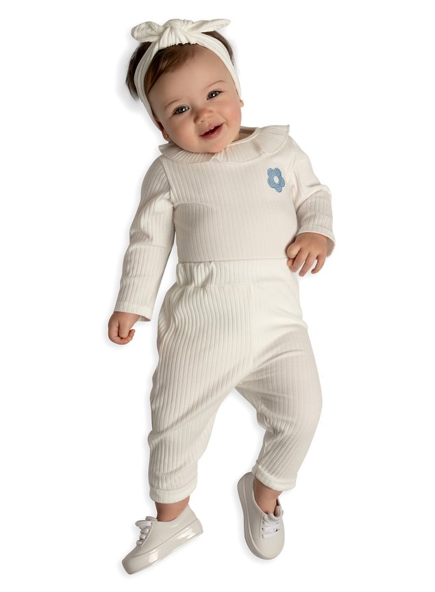 conjunto body bebe com cala ribana canelada flor bordado azul