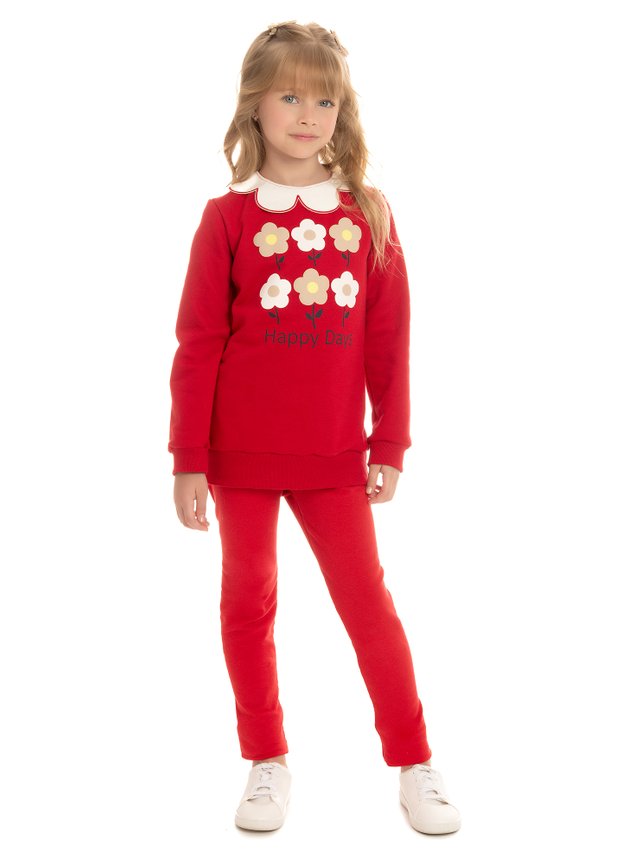 conjunto moletom calca molecotton vermelho gola petalas estampa flor menina infantil