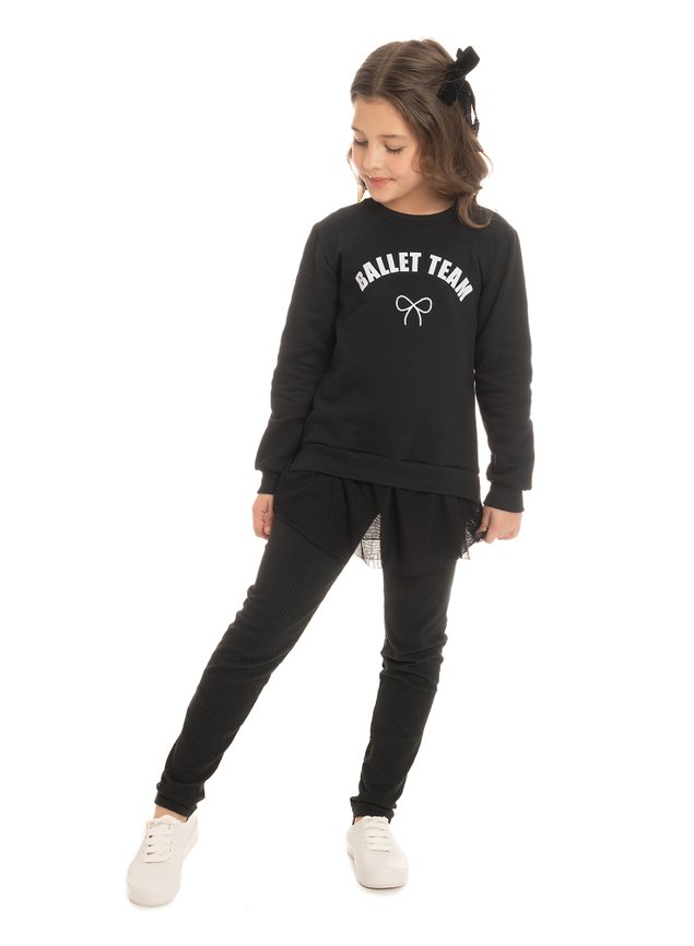 conjunto bailarina preto moletom calca ribana tule laco