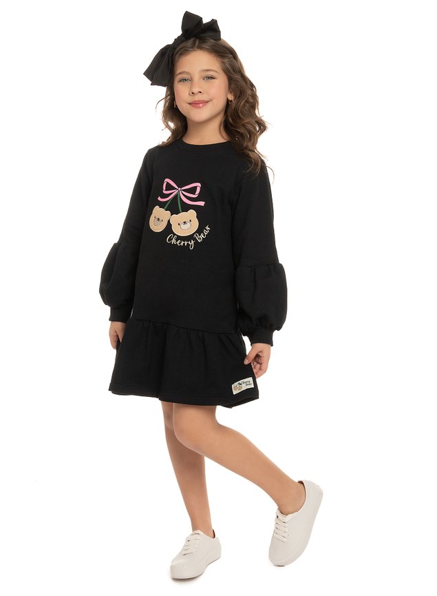 vestido preto cherry ursinho menina infantil
