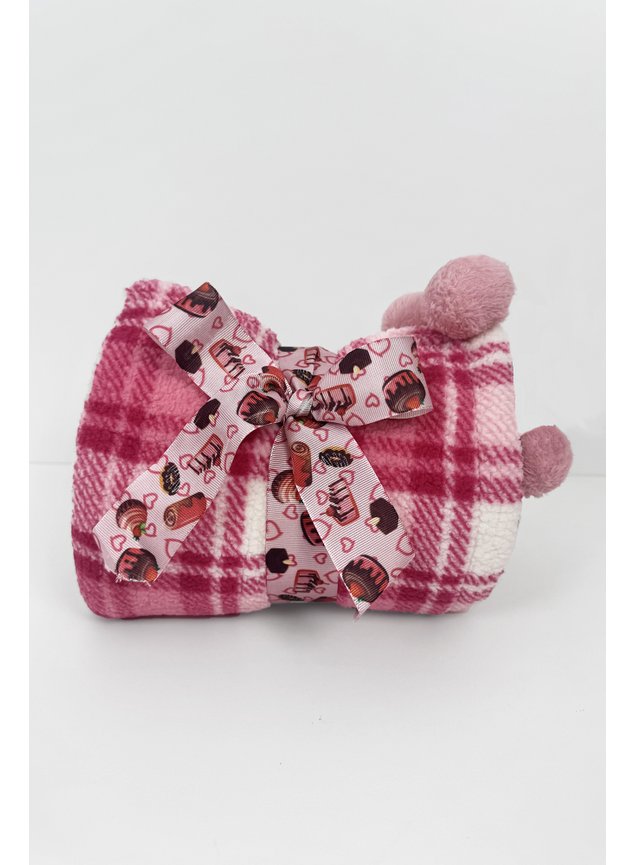 manta xadrez rosa pompom pelo termico menina infantil t