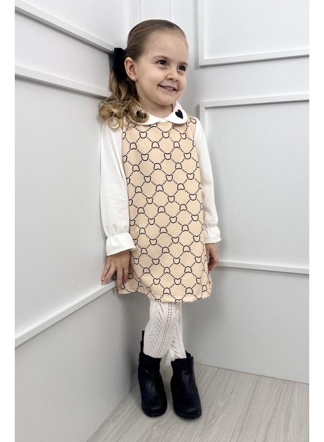 vestido moletom urso xadre menina infantil miniconceito bege
