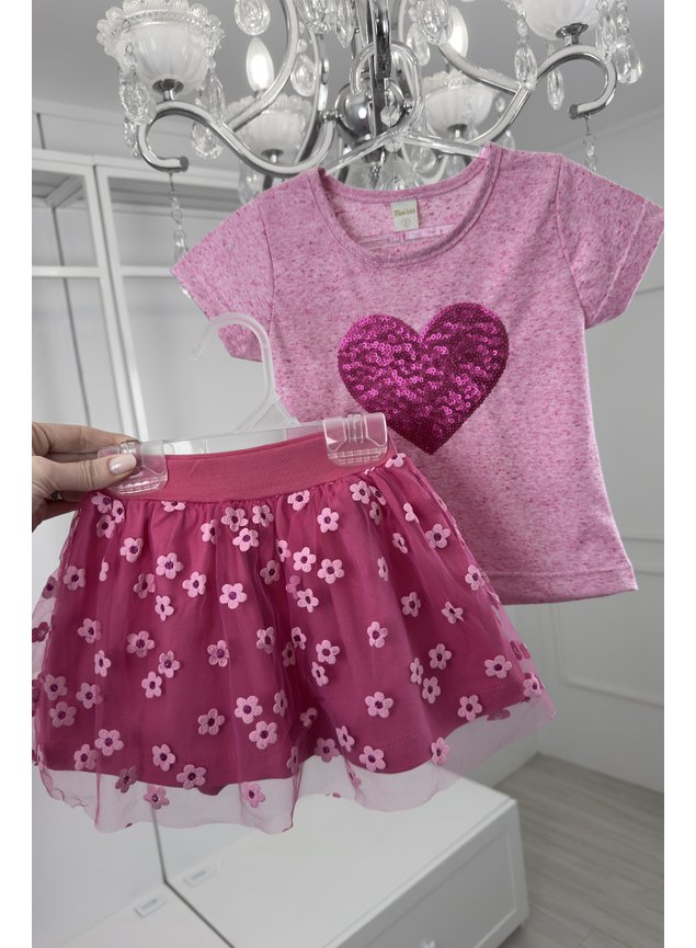 conjunto shorts saia tule flore blusa coracao paete menina infantil miniconceito g